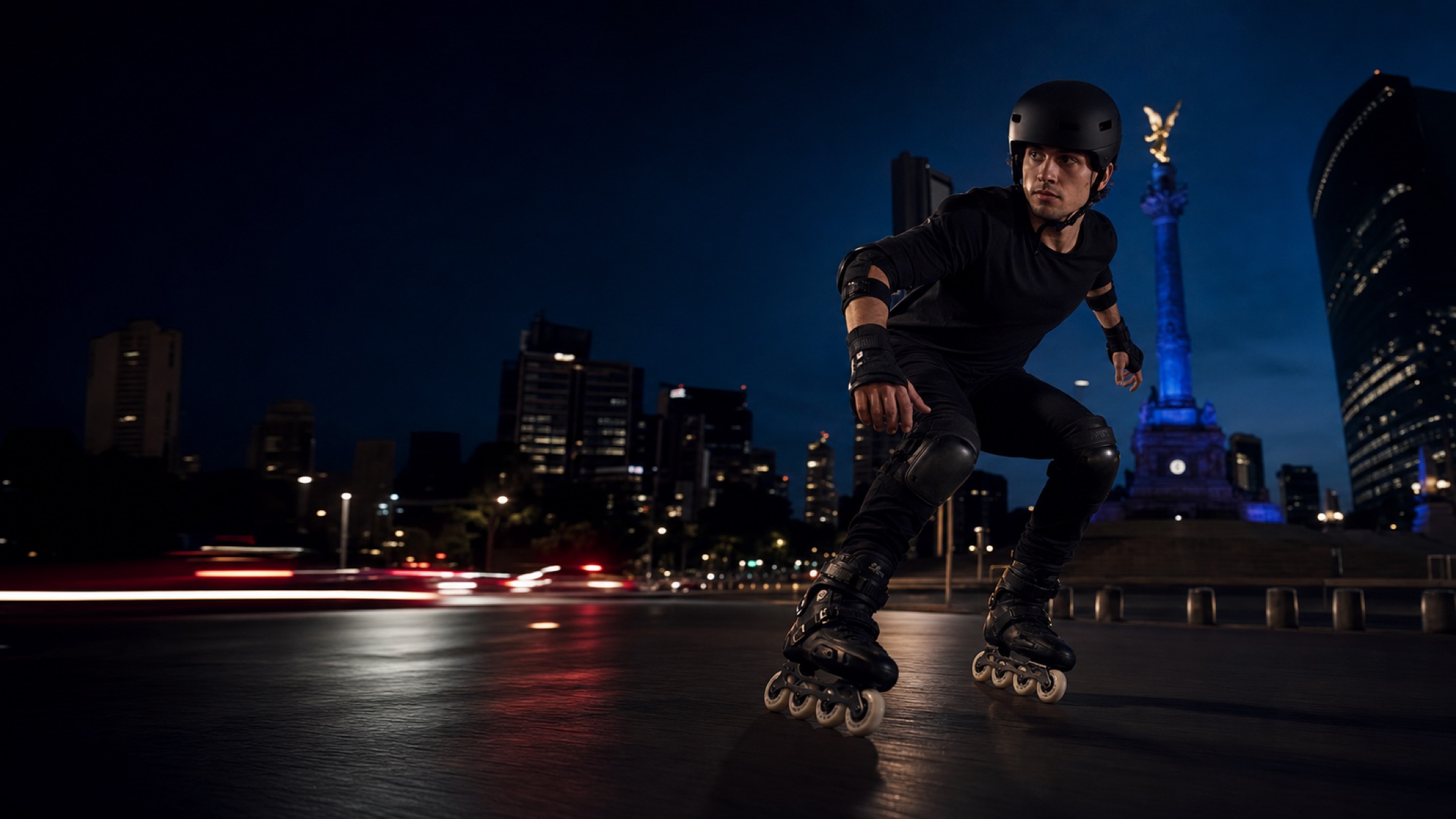 Patinador urbano IUS recorriendo Ciudad de México de noche